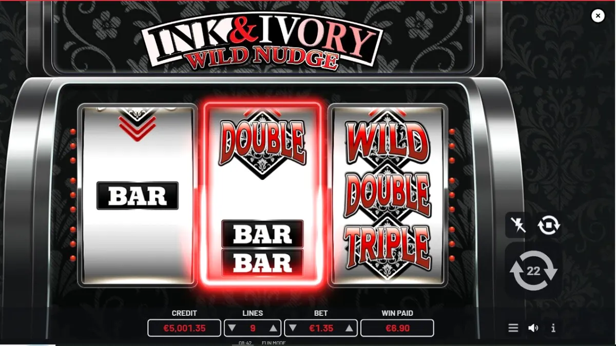 Tampilan visual slot Ink & Ivory dengan desain monokromatik yang elegan