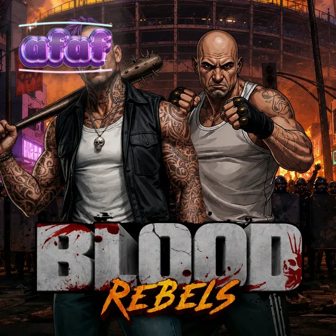 Tampilan visual slot Blood Rebels dengan tema pemberontakan jalanan yang gelap